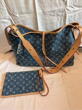 Authentic Louis Vuitton denim monogram carryall mm with pochette